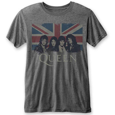 Gray t-shirt with Queen band graphic and Union Jack design on a white background