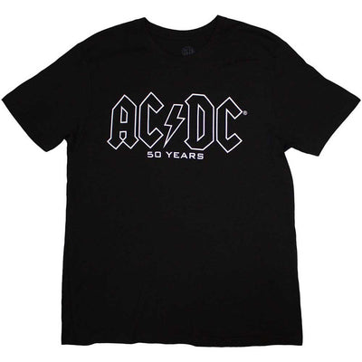 Black t-shirt with AC/DC logo and '50 Years' text on a white background